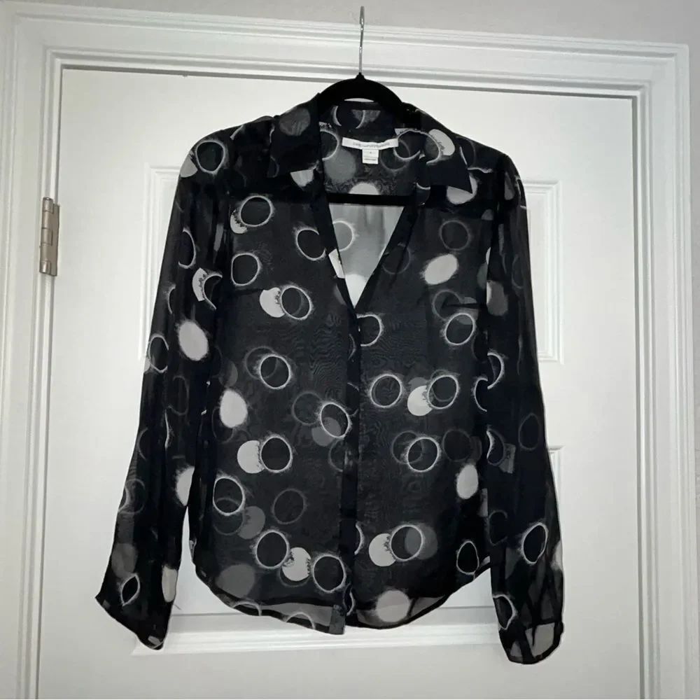 Diane Von Furstenberg Button Front Long Sleeve Sheer Blouse Shirt Top